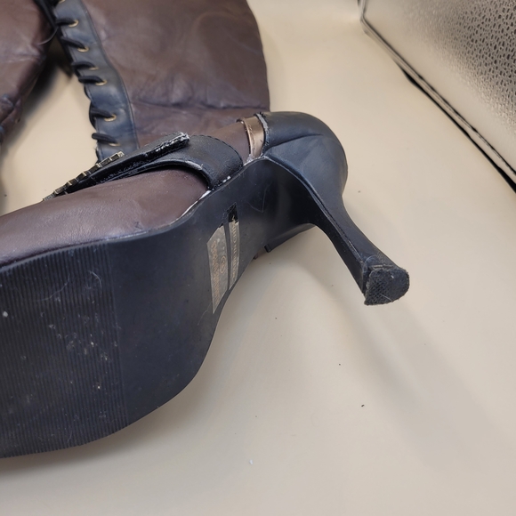 Ellie brown 4" Heels womens Steampunk knee boots Size 8 Grunge Goth Zip And Tie - Picture 10 of 15